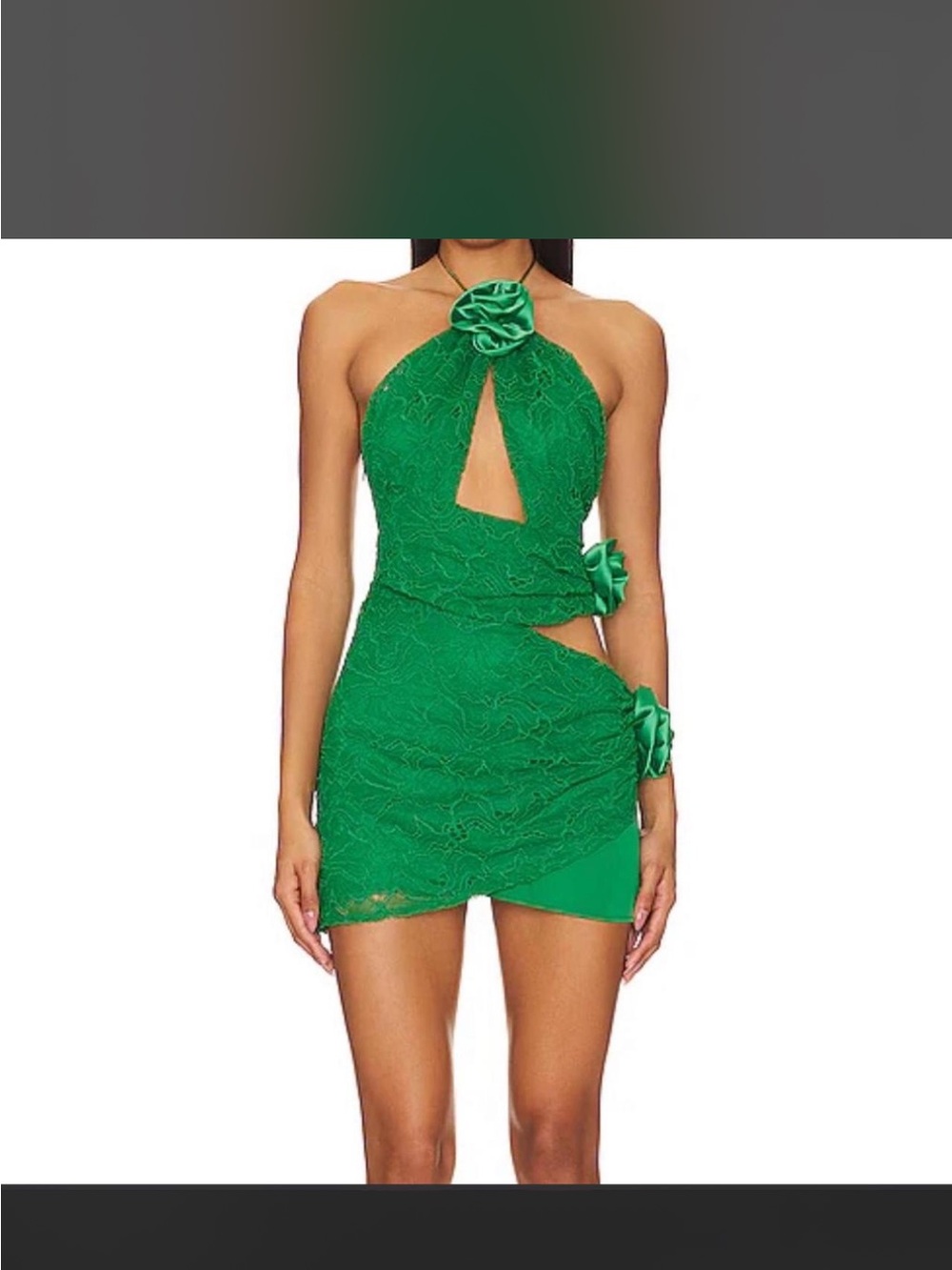 For Love & Lemons Green Lace Halter Mini Dress with Rosette Details
